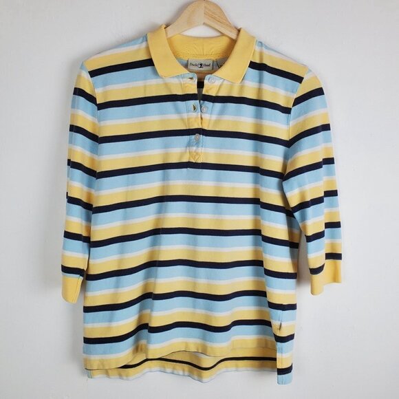 VINTAGE Duckhead Small Striped Polo Shirt 3/4‎ Sleeves 90s Yellow blue - Picture 1 of 4